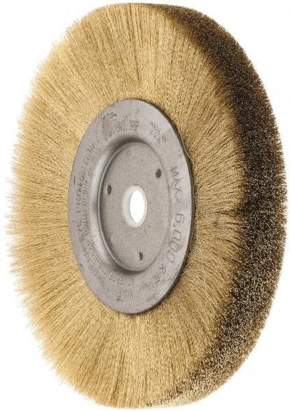 Weiler - 6" OD, 5/8" Arbor Hole, Crimped Brass Wheel Brush - 1/2" Face Width, 1-1/16" Trim Length, 0.005" Filament Diam, 6,000 RPM - Caliber Tooling