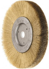 Weiler - 6" OD, 5/8" Arbor Hole, Crimped Brass Wheel Brush - 1/2" Face Width, 1-1/16" Trim Length, 0.005" Filament Diam, 6,000 RPM - Caliber Tooling