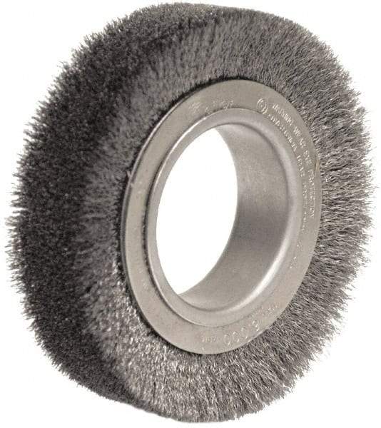 Weiler - 4-1/2" OD, 2" Arbor Hole, Crimped Steel Wheel Brush - 1-1/4" Face Width, 3/4" Trim Length, 0.014" Filament Diam, 6,000 RPM - Caliber Tooling