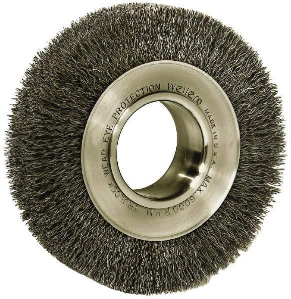 Weiler - 6" OD, 2" Arbor Hole, Crimped Steel Wheel Brush - 1-1/4" Face Width, 1-1/8" Trim Length, 0.006" Filament Diam, 6,000 RPM - Caliber Tooling