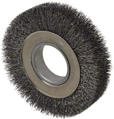 Weiler - 6" OD, 2" Arbor Hole, Crimped Steel Wheel Brush - 1-1/4" Face Width, 1-1/8" Trim Length, 0.014" Filament Diam, 6,000 RPM - Caliber Tooling