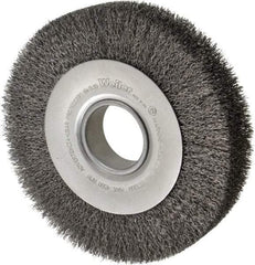 Weiler - 8" OD, 2" Arbor Hole, Crimped Steel Wheel Brush - 1-1/2" Face Width, 1-3/8" Trim Length, 0.014" Filament Diam, 4,500 RPM - Caliber Tooling