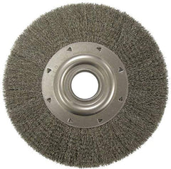 Weiler - 6" OD, 2" Arbor Hole, Crimped Stainless Steel Wheel Brush - 1-1/4" Face Width, 1-1/8" Trim Length, 0.0118" Filament Diam, 6,000 RPM - Caliber Tooling