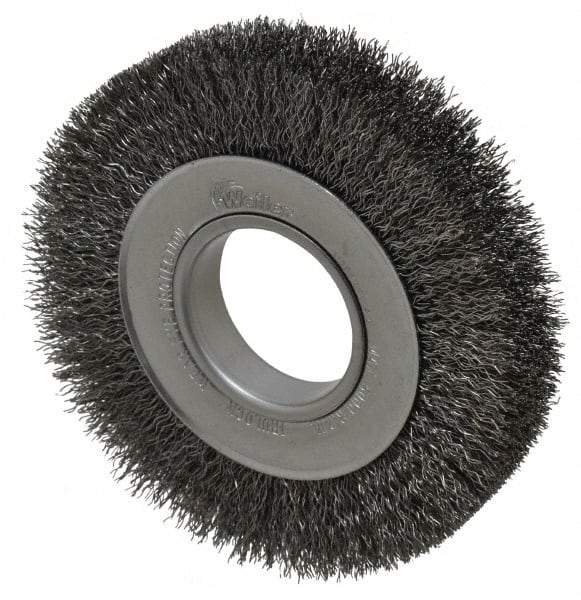 Weiler - 6" OD, 2" Arbor Hole, Crimped Steel Wheel Brush - 1" Face Width, 1-1/8" Trim Length, 0.014" Filament Diam, 6,000 RPM - Caliber Tooling