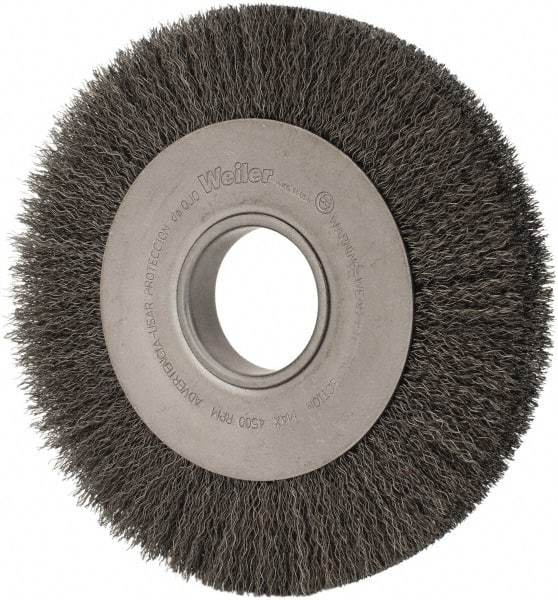 Weiler - 8" OD, 2" Arbor Hole, Crimped Steel Wheel Brush - 1" Face Width, 1-3/8" Trim Length, 0.014" Filament Diam, 4,500 RPM - Caliber Tooling