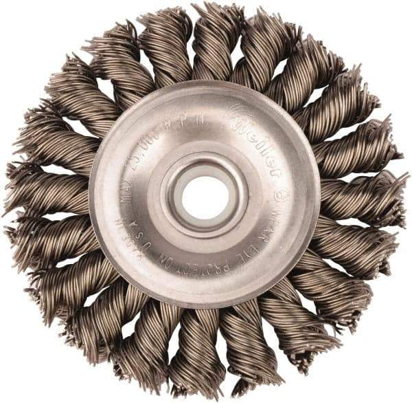 Weiler - 3" OD, 1/2" Arbor Hole, Knotted Steel Wheel Brush - 3/8" Face Width, 5/8" Trim Length, 0.02" Filament Diam, 25,000 RPM - Caliber Tooling