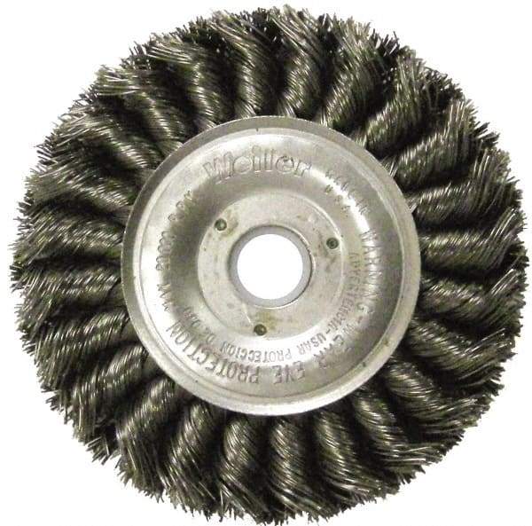 Weiler - 4" OD, 5/8" Arbor Hole, Knotted Steel Wheel Brush - 1/2" Face Width, 7/8" Trim Length, 0.014" Filament Diam, 20,000 RPM - Caliber Tooling