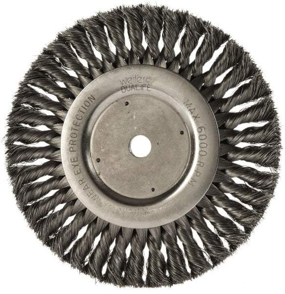 Weiler - 8" OD, 5/8" Arbor Hole, Knotted Steel Wheel Brush - 5/8" Face Width, 1-5/8" Trim Length, 0.0118" Filament Diam, 6,000 RPM - Caliber Tooling