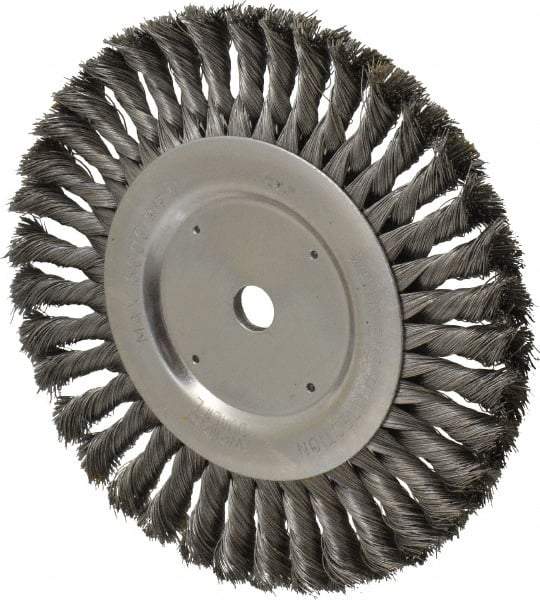 Weiler - 8" OD, 5/8" Arbor Hole, Knotted Steel Wheel Brush - 5/8" Face Width, 1-5/8" Trim Length, 0.016" Filament Diam, 6,000 RPM - Caliber Tooling