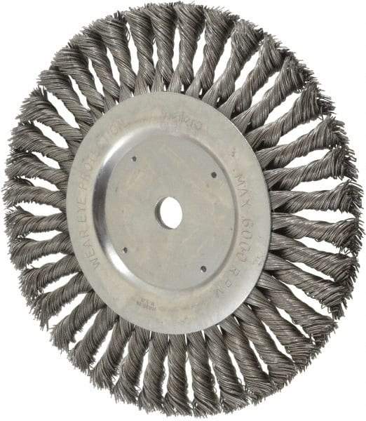 Weiler - 8" OD, 5/8" Arbor Hole, Knotted Steel Wheel Brush - 5/8" Face Width, 1-5/8" Trim Length, 0.023" Filament Diam, 6,000 RPM - Caliber Tooling