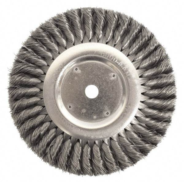 Weiler - 12" OD, 2" Arbor Hole, Knotted Steel Wheel Brush - 1-1/4" Face Width, 2-3/4" Trim Length, 0.023" Filament Diam, 3,600 RPM - Caliber Tooling