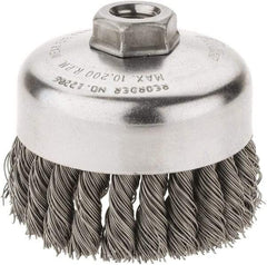 Weiler - 4" Diam, 5/8-11 Threaded Arbor, Steel Fill Cup Brush - 0.023 Wire Diam, 1-1/4" Trim Length, 9,000 Max RPM - Caliber Tooling