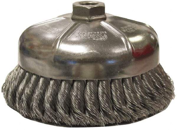 Weiler - 2-3/4" Diam, M10x1.25 Threaded Arbor, Stainless Steel Fill Cup Brush - 0.02 Wire Diam, 1" Trim Length, 14,000 Max RPM - Caliber Tooling