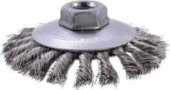 Weiler - 4" OD, 5/8-11 Arbor Hole, Knotted Stainless Steel Wheel Brush - 3/8" Face Width, 3/4" Trim Length, 0.014" Filament Diam, 12,500 RPM - Caliber Tooling