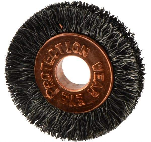 Weiler - 1" OD, 1/4" Arbor Hole, Crimped Steel Wheel Brush - 3/16" Face Width, 1/4" Trim Length, 0.006" Filament Diam, 20,000 RPM - Caliber Tooling