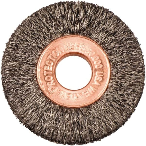 Weiler - 1-1/2" OD, 3/8" Arbor Hole, Crimped Steel Wheel Brush - 1/4" Face Width, 7/16" Trim Length, 0.006" Filament Diam, 20,000 RPM - Caliber Tooling