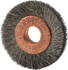 Weiler - 1" OD, 1/4" Arbor Hole, Crimped Stainless Steel Wheel Brush - 3/16" Face Width, 1/4" Trim Length, 0.003" Filament Diam, 20,000 RPM - Caliber Tooling