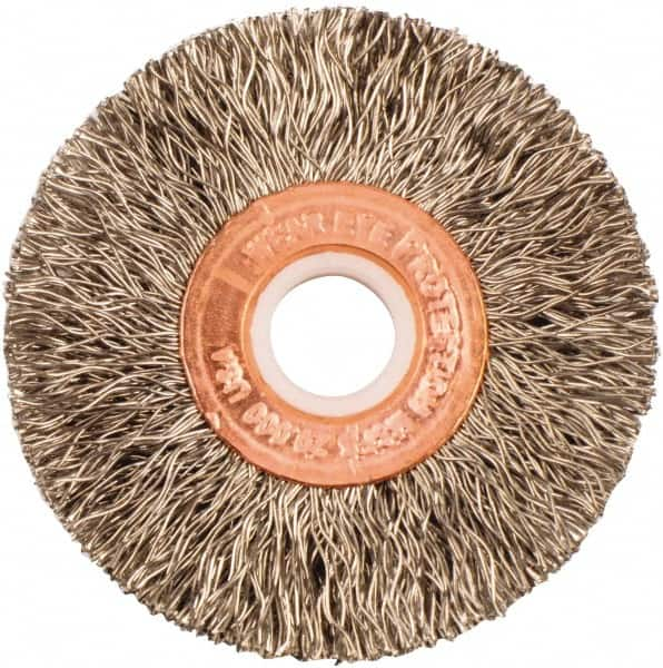 Weiler - 2" OD, 1/2" Arbor Hole, Crimped Stainless Steel Wheel Brush - 3/8" Face Width, 1/2" Trim Length, 0.0118" Filament Diam, 20,000 RPM - Caliber Tooling