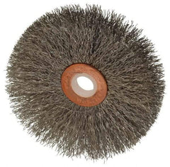 Weiler - 3" OD, 1/2" Arbor Hole, Crimped Stainless Steel Wheel Brush - 5/8" Face Width, 1" Trim Length, 0.008" Filament Diam, 20,000 RPM - Caliber Tooling