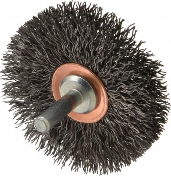 Weiler - 2-1/2" OD, 1/4" Shank Diam, Crimped Steel Wheel Brush - 3/8" Face Width, 3/4" Trim Length, 0.014" Filament Diam, 20,000 RPM - Caliber Tooling