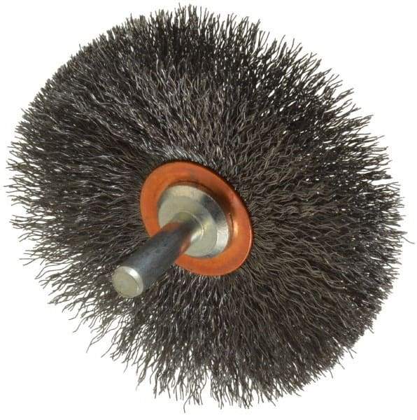 Weiler - 3" OD, 1/4" Shank Diam, Crimped Steel Wheel Brush - 1/2" Face Width, 1" Trim Length, 0.008" Filament Diam, 20,000 RPM - Caliber Tooling