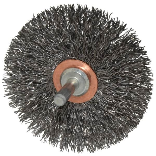 Weiler - 3" OD, 1/4" Shank Diam, Crimped Steel Wheel Brush - 1/2" Face Width, 1" Trim Length, 0.014" Filament Diam, 20,000 RPM - Caliber Tooling