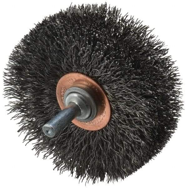 Weiler - 3" OD, 1/4" Shank Diam, Crimped Steel Wheel Brush - 1" Face Width, 15/16" Trim Length, 0.0118" Filament Diam, 20,000 RPM - Caliber Tooling