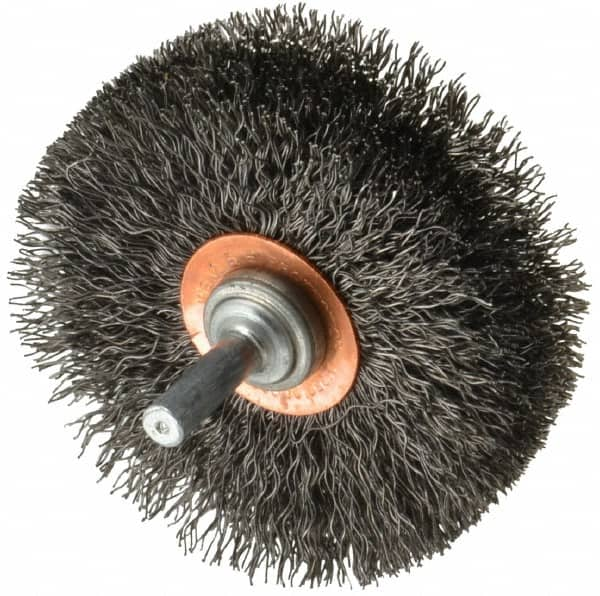 Weiler - 3" OD, 1/4" Shank Diam, Crimped Steel Wheel Brush - 1" Face Width, 15/16" Trim Length, 0.014" Filament Diam, 20,000 RPM - Caliber Tooling