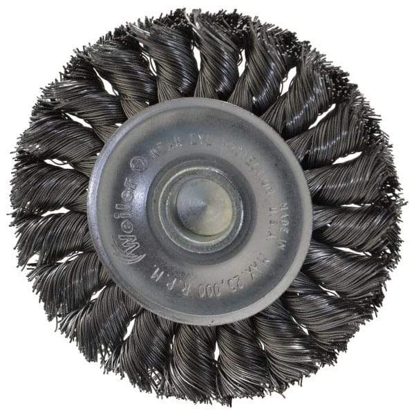 Weiler - 3-1/4" OD, 1/4" Shank Diam, Knotted Steel Wheel Brush - 3/8" Face Width, 5/8" Trim Length, 0.014" Filament Diam, 25,000 RPM - Caliber Tooling