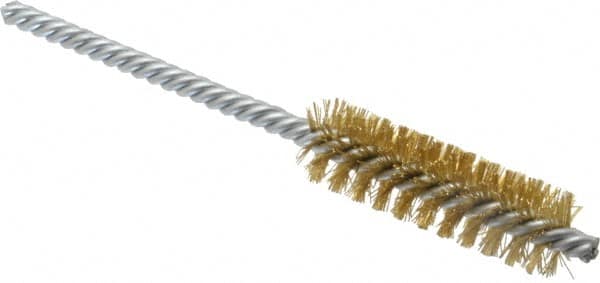 Weiler - 5/8" Diam Helical Brass Tube Brush - Double Spiral, 0.008" Filament Diam, 2" Brush Length, 5-1/2" OAL, 7/32" Diam Shank - Caliber Tooling