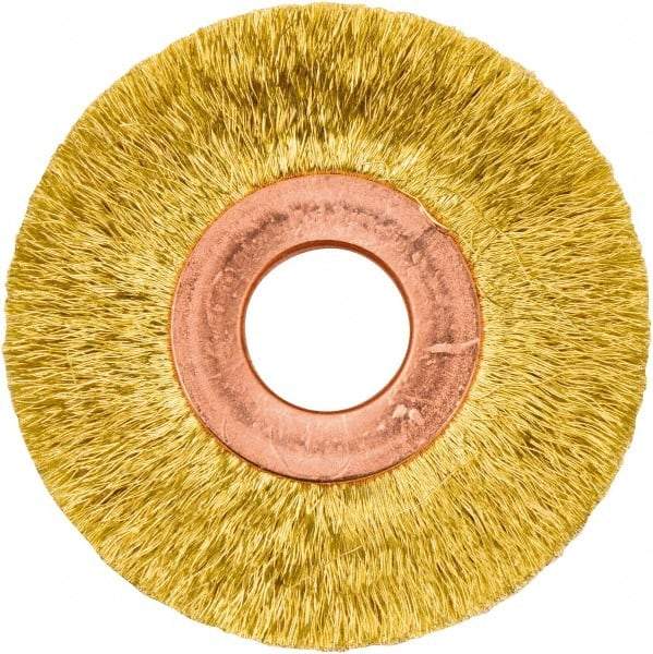 Weiler - 2" OD, 1/2" Arbor Hole, Crimped Brass Wheel Brush - 3/8" Face Width, 1/2" Trim Length, 0.005" Filament Diam, 20,000 RPM - Caliber Tooling