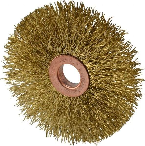 Weiler - 3" OD, 1/2" Arbor Hole, Crimped Brass Wheel Brush - 5/8" Face Width, 1" Trim Length, 0.014" Filament Diam, 20,000 RPM - Caliber Tooling