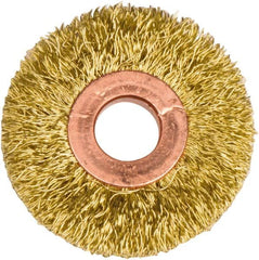 Weiler - 2" OD, 1/2" Arbor Hole, Crimped Brass Wheel Brush - 3/8" Face Width, 1/2" Trim Length, 0.0118" Filament Diam, 20,000 RPM - Caliber Tooling