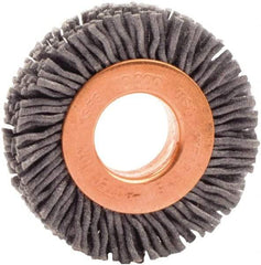 Weiler - 1-1/2" OD, 1/2" Arbor Hole, Nylon Wheel Brush - 3/8" Face Width, 1/4" Trim Length, 0.035" Filament Diam, 10,000 RPM - Caliber Tooling