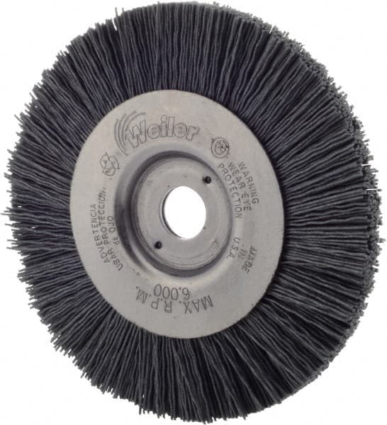 Weiler - 4" OD, 1/2" Arbor Hole, Nylon Wheel Brush - 1/2" Face Width, 7/8" Trim Length, 0.022" Filament Diam, 6,000 RPM - Caliber Tooling