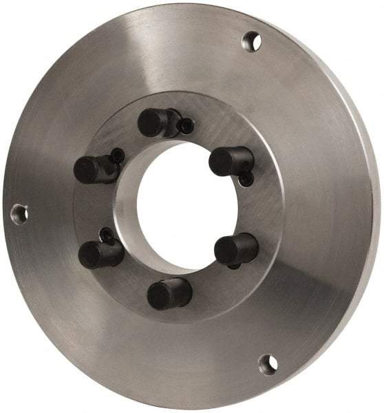 Buck Chuck Company - Adapter Back Plate for 12" Diam Self Centering Lathe Chucks - D1-8 Mount, 2" Through Hole Diam, 10.221mm ID, 12.6" OD, 0.989" Flange Height, Steel - Caliber Tooling