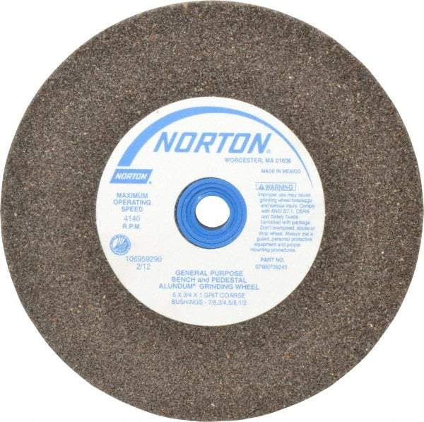 Norton - 36 Grit Aluminum Oxide Bench & Pedestal Grinding Wheel - 6" Diam x 1" Hole x 3/4" Thick, 4140 Max RPM, Very Coarse/Coarse Grade - Caliber Tooling