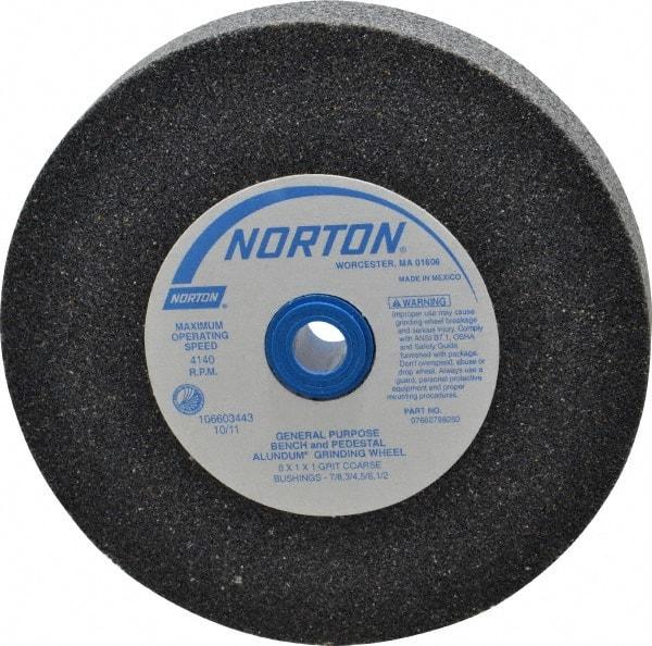 Norton - 36 Grit Aluminum Oxide Bench & Pedestal Grinding Wheel - 6" Diam x 1" Hole x 1" Thick, 4140 Max RPM, Very Coarse/Coarse Grade - Caliber Tooling