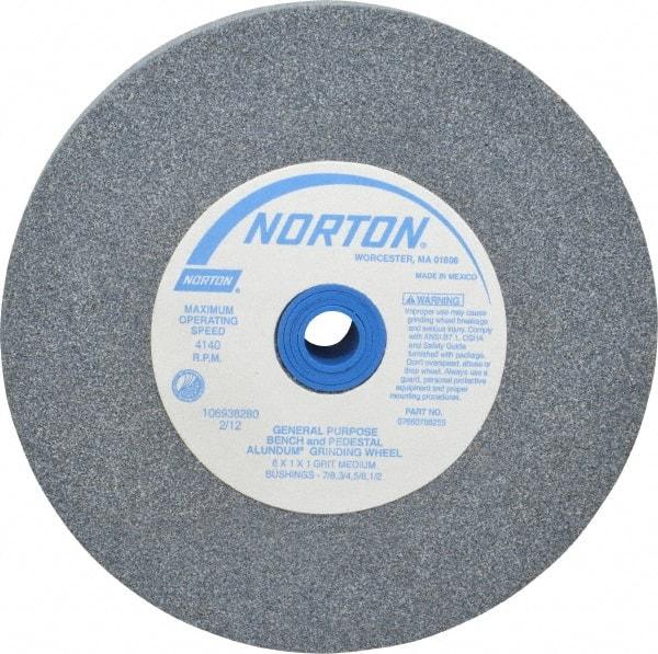 Norton - 60 Grit Aluminum Oxide Bench & Pedestal Grinding Wheel - 6" Diam x 1" Hole x 1" Thick, 4140 Max RPM, Medium Grade - Caliber Tooling