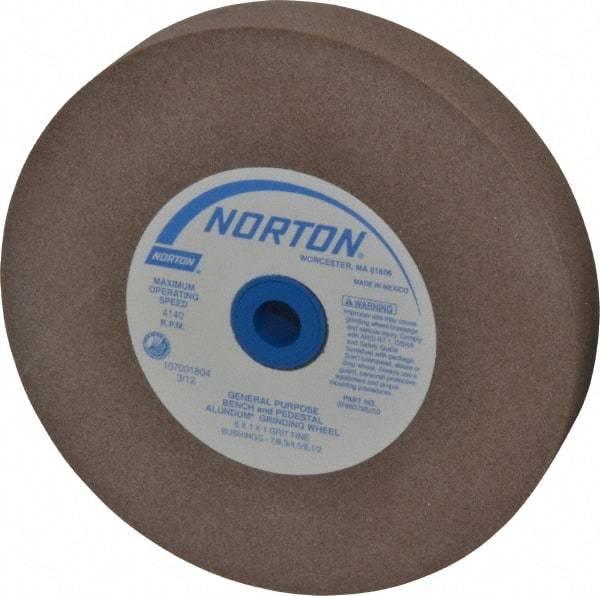 Norton - 100 Grit Aluminum Oxide Bench & Pedestal Grinding Wheel - 6" Diam x 1" Hole x 1" Thick, 4140 Max RPM, Fine Grade - Caliber Tooling