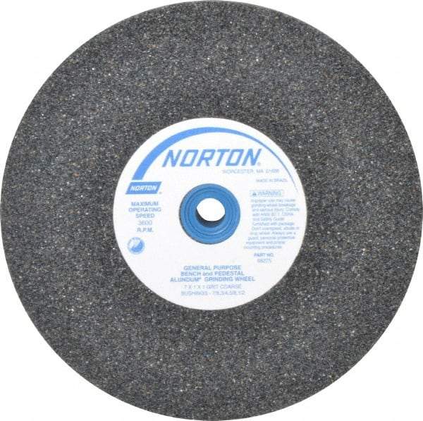 Norton - 36 Grit Aluminum Oxide Bench & Pedestal Grinding Wheel - 7" Diam x 1" Hole x 1" Thick, 3600 Max RPM, Very Coarse/Coarse Grade - Caliber Tooling