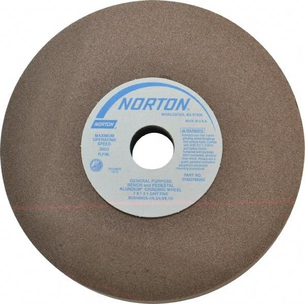 Norton - 100 Grit Aluminum Oxide Bench & Pedestal Grinding Wheel - 7" Diam x 1" Hole x 1" Thick, 3600 Max RPM, Fine Grade - Caliber Tooling