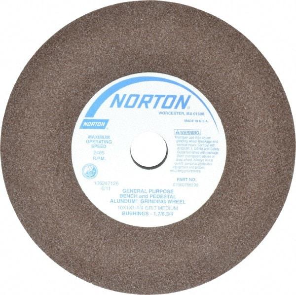 Norton - 60/80 Grit Aluminum Oxide Bench & Pedestal Grinding Wheel - 10" Diam x 1-1/4" Hole x 1" Thick, 2485 Max RPM, Medium Grade - Caliber Tooling