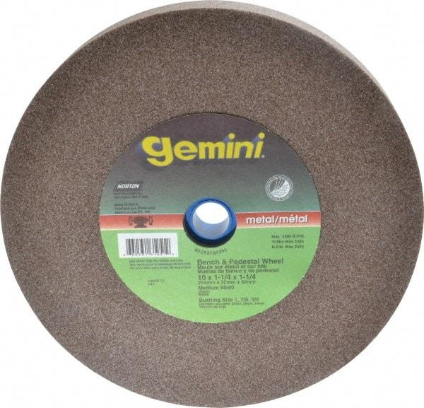 Norton - 60/80 Grit Aluminum Oxide Bench & Pedestal Grinding Wheel - 10" Diam x 1-1/4" Hole x 1-1/4" Thick, 2485 Max RPM, Medium Grade - Caliber Tooling