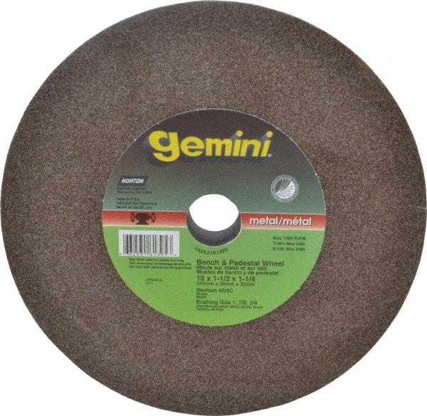 Norton - 60 Grit Aluminum Oxide Bench & Pedestal Grinding Wheel - 10" Diam x 1-1/4" Hole x 1-1/2" Thick, 2485 Max RPM, Medium Grade - Caliber Tooling