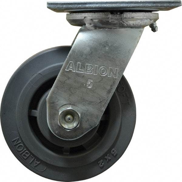 Albion - 5" Diam x 2" Wide x 6-1/2" OAH Top Plate Mount Swivel Caster - Soft Rubber, 350 Lb Capacity, Roller Bearing, 4 x 4-1/2" Plate - Caliber Tooling