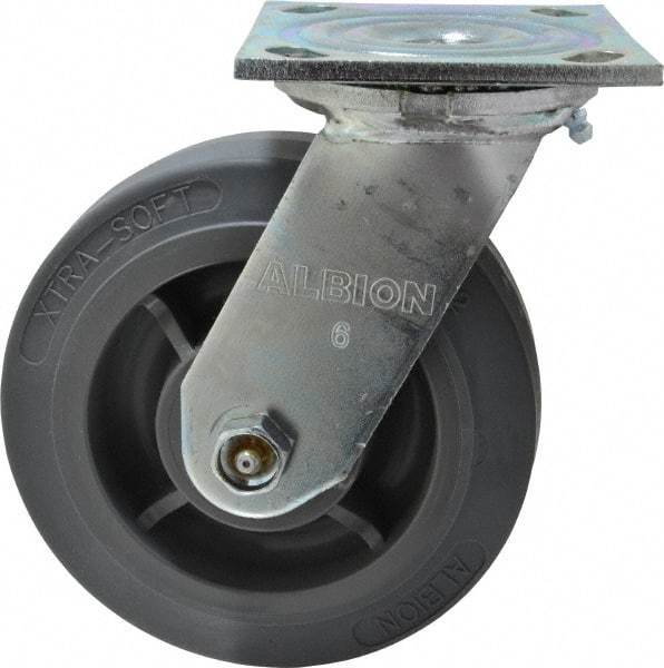 Albion - 6" Diam x 2" Wide x 7-1/4" OAH Top Plate Mount Swivel Caster - Soft Rubber, 600 Lb Capacity, Roller Bearing, 4 x 4-1/2" Plate - Caliber Tooling