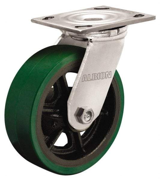 Albion - 8" Diam x 2" Wide x 9-1/2" OAH Top Plate Mount Swivel Caster - Polyurethane, 1,250 Lb Capacity, Roller Bearing, 4 x 4-1/2" Plate - Caliber Tooling