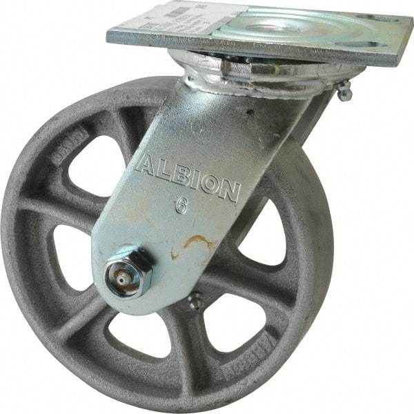 Albion - 6" Diam x 1-1/2" Wide x 7-1/4" OAH Top Plate Mount Swivel Caster - Cast Iron, 800 Lb Capacity, Roller Bearing, 4 x 4-1/2" Plate - Caliber Tooling