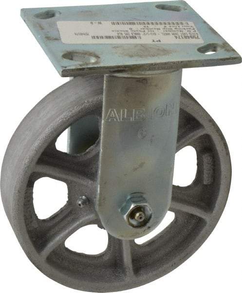 Albion - 6" Diam x 1-1/2" Wide x 7-1/4" OAH Top Plate Mount Rigid Caster - Cast Iron, 800 Lb Capacity, Roller Bearing, 4 x 4-1/2" Plate - Caliber Tooling